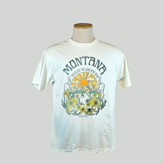 White t-shirt with 'Montana' at top and floral graphic below on a mannequin against a white background