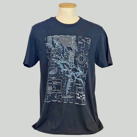 Navy blue t-shirt with a white map design on a mannequin against a light background