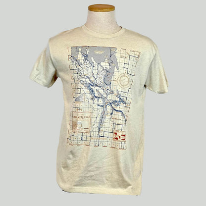 T-shirt with map design on a mannequin against a white background