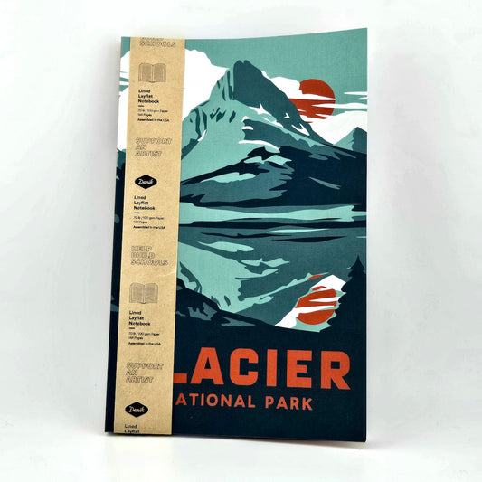 Notebook of Glacier National Park with mountain and lake illustration on a white background