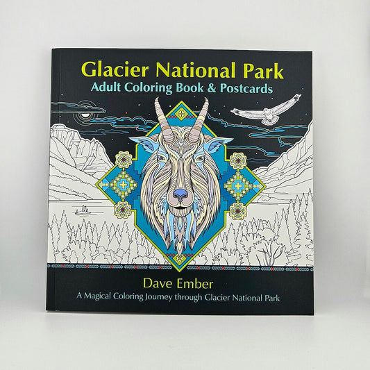 Book titled 'Glacier National Park Adult Coloring Book & Postcards' by Dave Ember on a white background