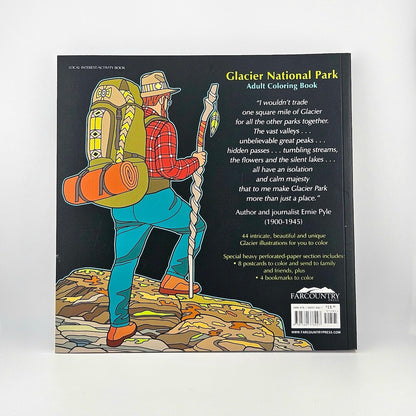 Back cover of a coloring book with a hiker illustration and text about Glacier National Park.