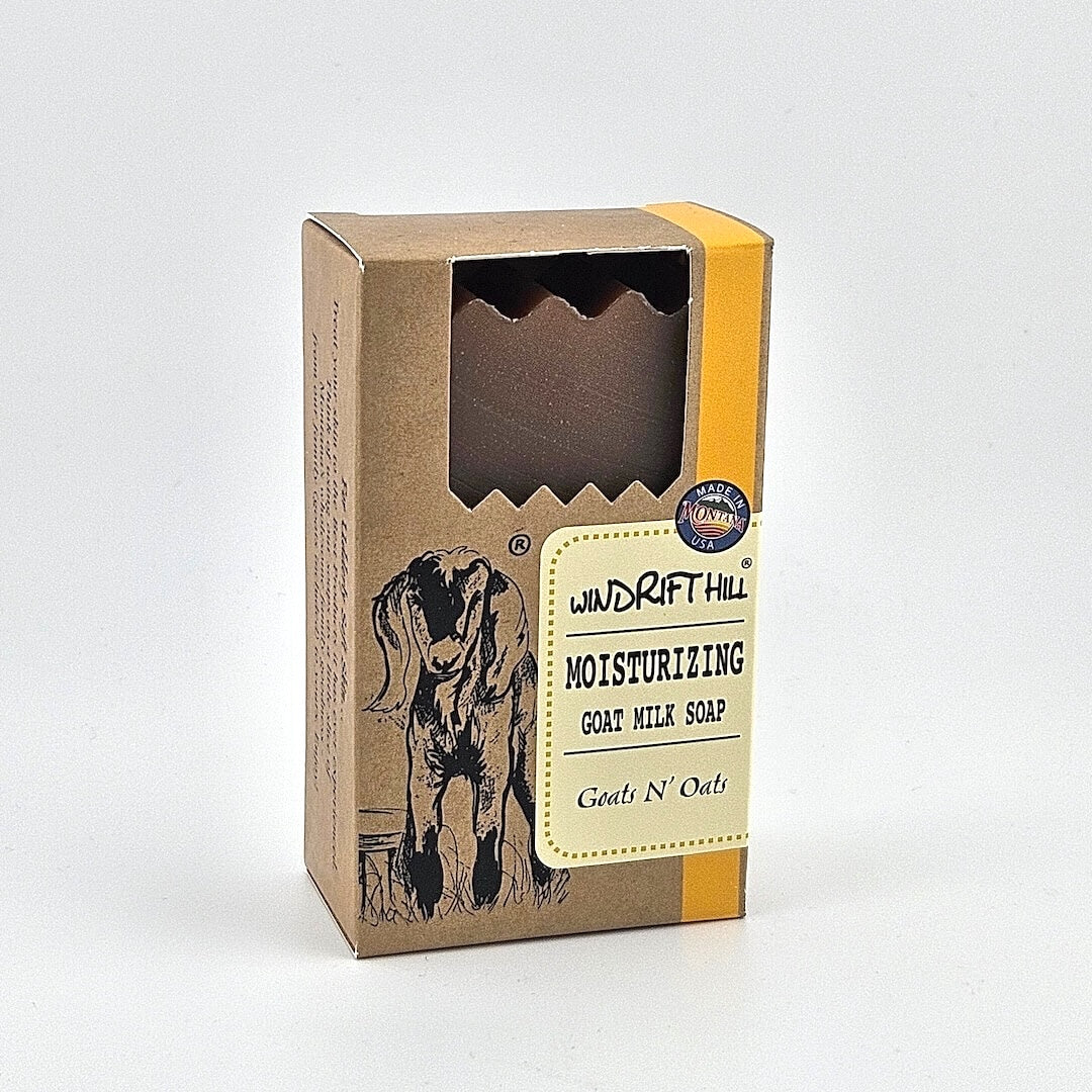 Box of Windrift Hill moisturizing goat milk soap on a gray background