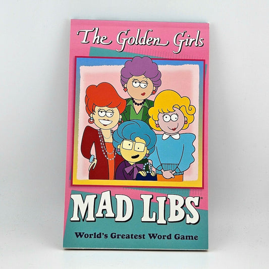 Book titled 'The Golden Girls Mad Libs' with cartoon characters on a pink and blue background