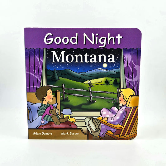 Book titled 'Good Night Montana' with illustrations of two children and a landscape.