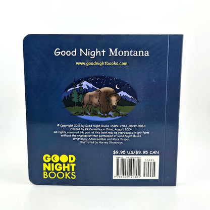 Back cover of a book titled 'Good Night Montana' with a bison illustration and text.