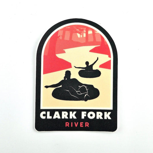 Sticker with 'Clark Fork River' text and silhouette of people on inner tubes against a red and yellow background.