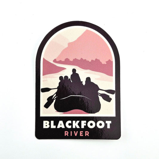 Sticker with silhouette of people in a raft and mountains, labeled 'Blackfoot River' on a white background.