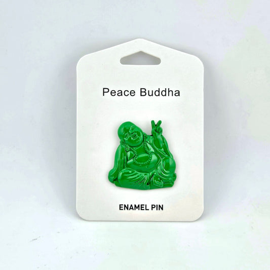 Green Buddha enamel pin on a white card with 'Peace Buddha' text