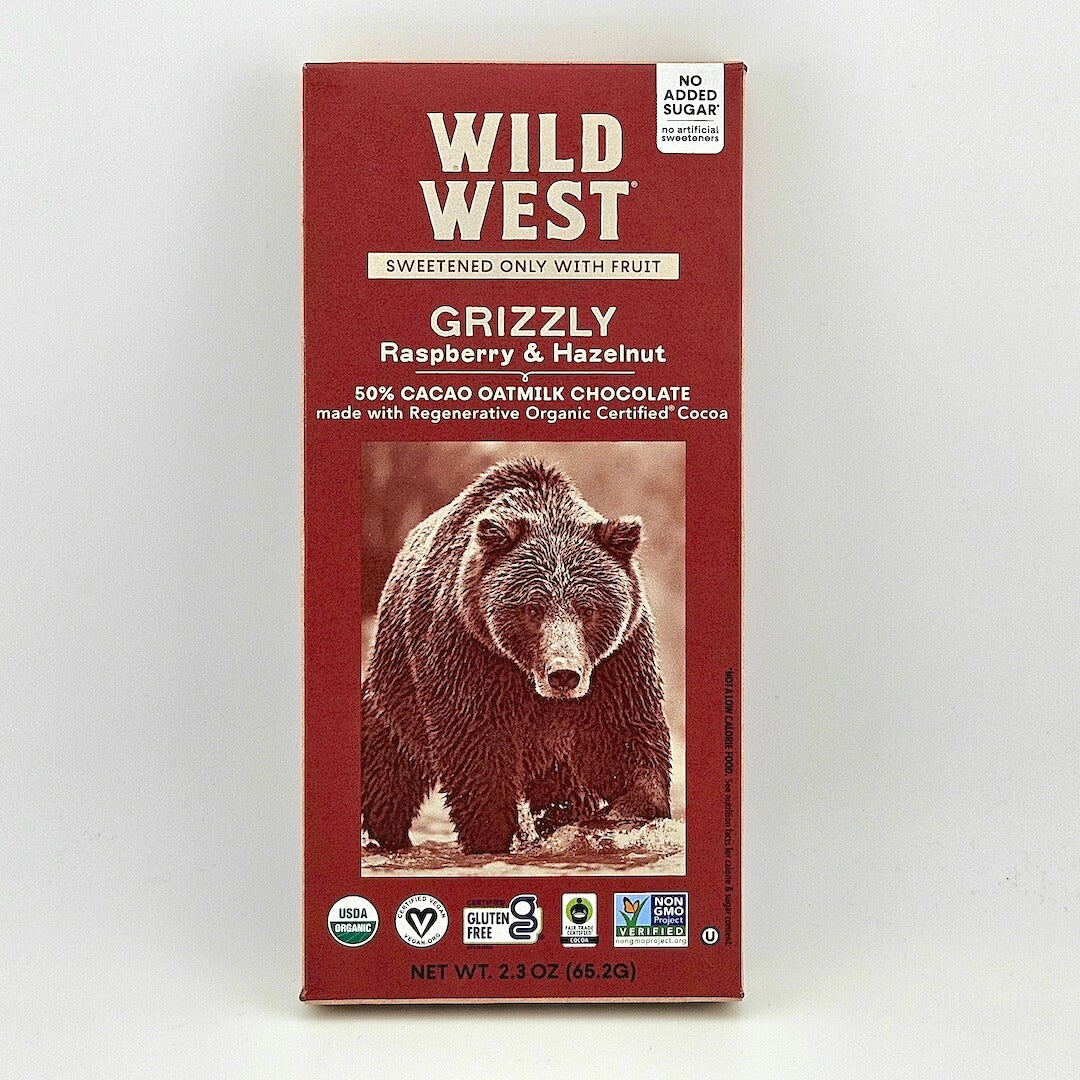 Wild West Grizzly Raspberry & Hazelnut chocolate bar packaging on a white background