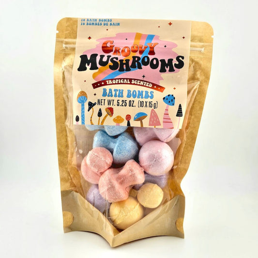 brown bag with mushroom shaped bath bombs in clear plastic window.