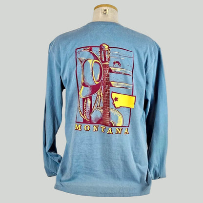 Blue long-sleeve shirt with a graphic design on a mannequin against a white background