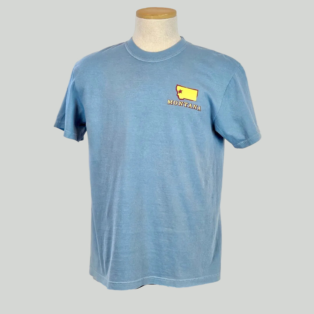 Blue t-shirt with a yellow and red logo on a mannequin against a white background