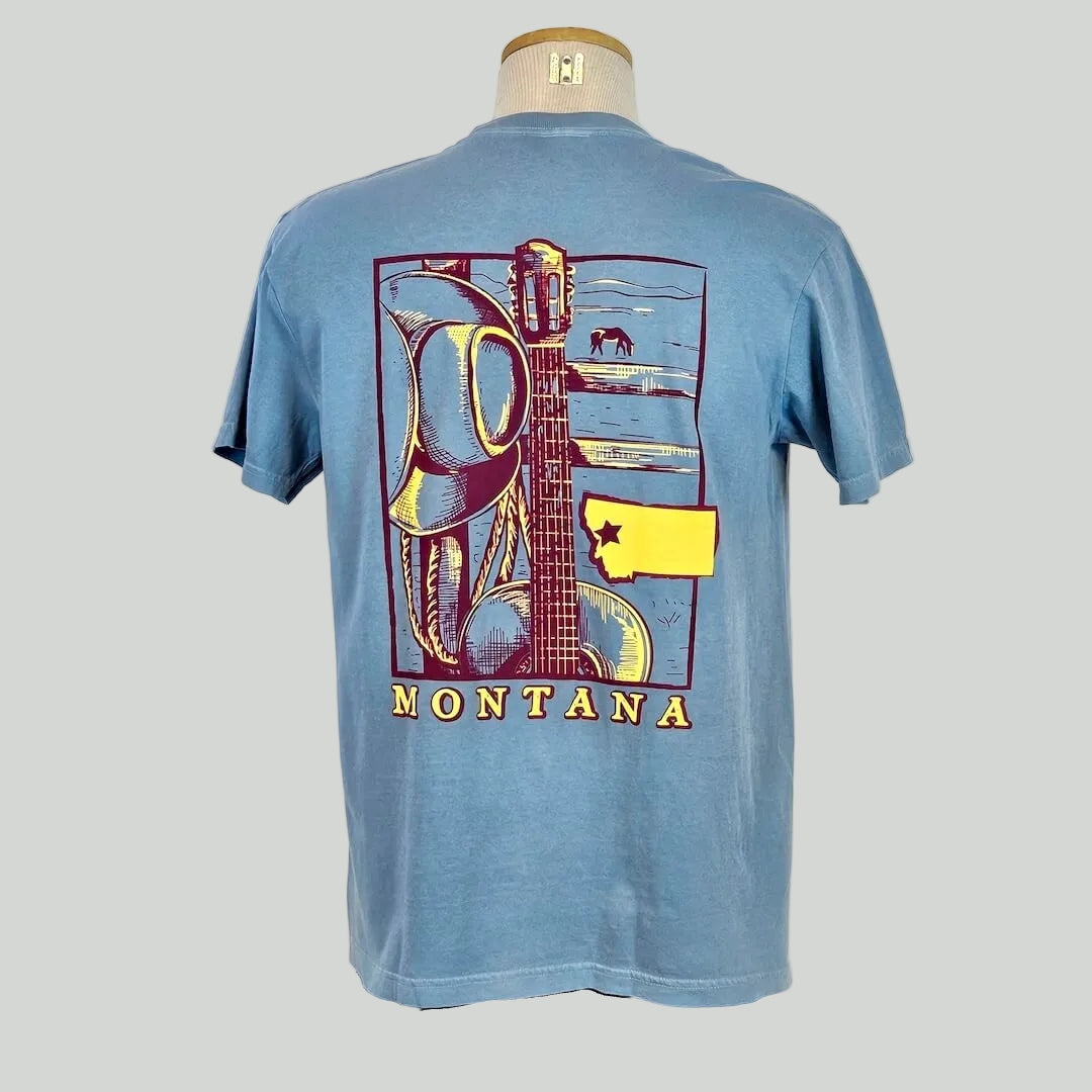 Blue t-shirt with a guitar and state graphic on a mannequin against a white background