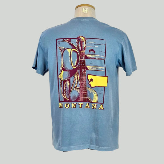 Blue t-shirt with a guitar and state graphic on a mannequin against a white background