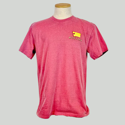 Red t-shirt with a small logo on a mannequin against a white background