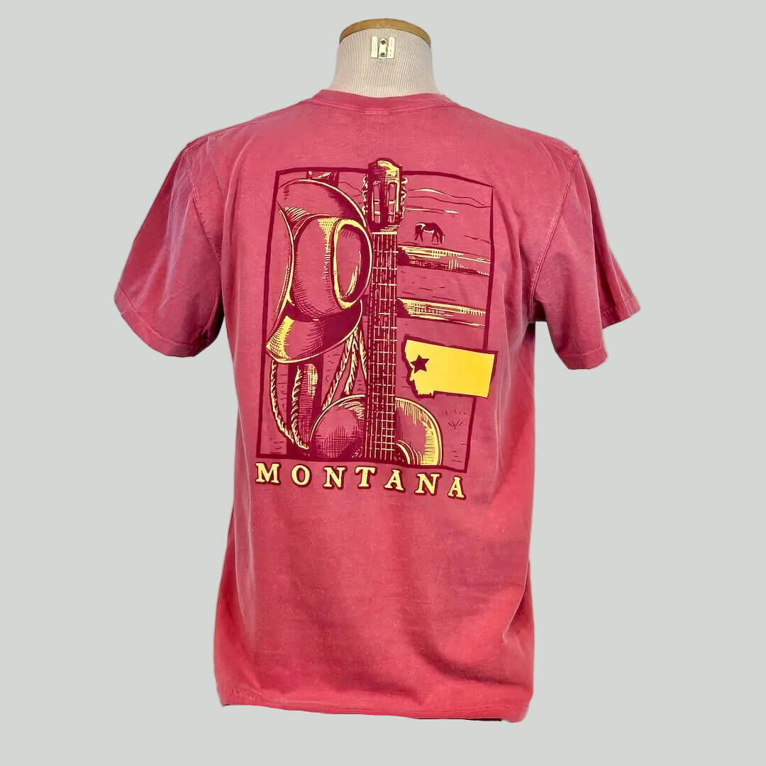 Red t-shirt with yellow graphic design on a mannequin against a white background