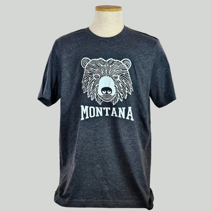 Dark gray t-shirt with a bear graphic and 'Montana' text on a mannequin against a white background
