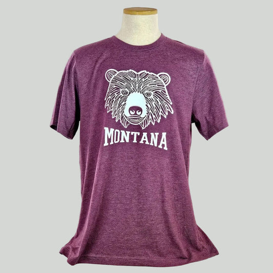 Maroon t-shirt with bear graphic and 'Montana' text on a mannequin against a plain background