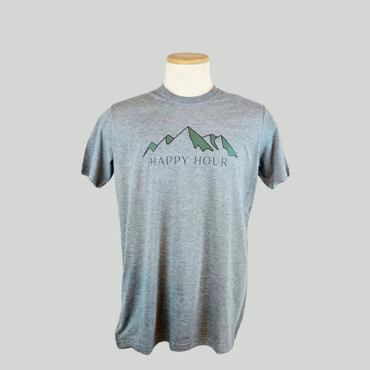 Gray t-shirt with 'Happy Hour' and mountain graphic on a mannequin against a white background