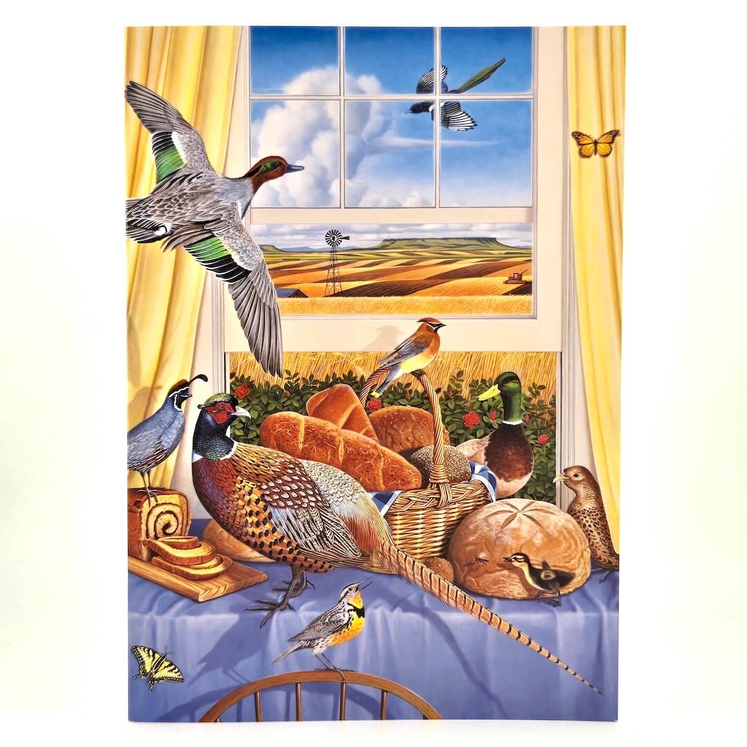 Decorative scene with birds and a window view of a field, on a curtain or fabric background.