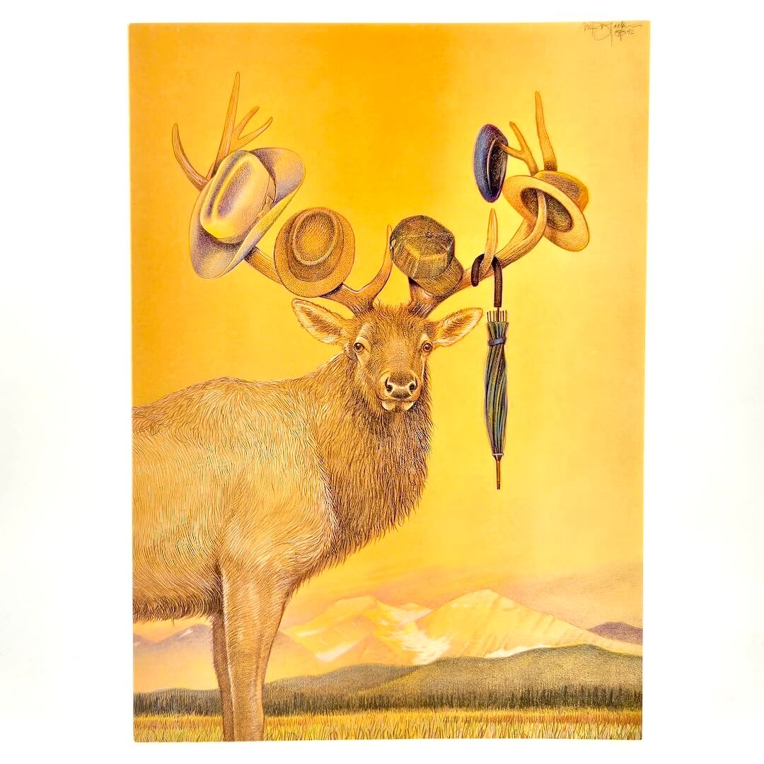 Deer with hat antlers against a yellow background on greeting card.