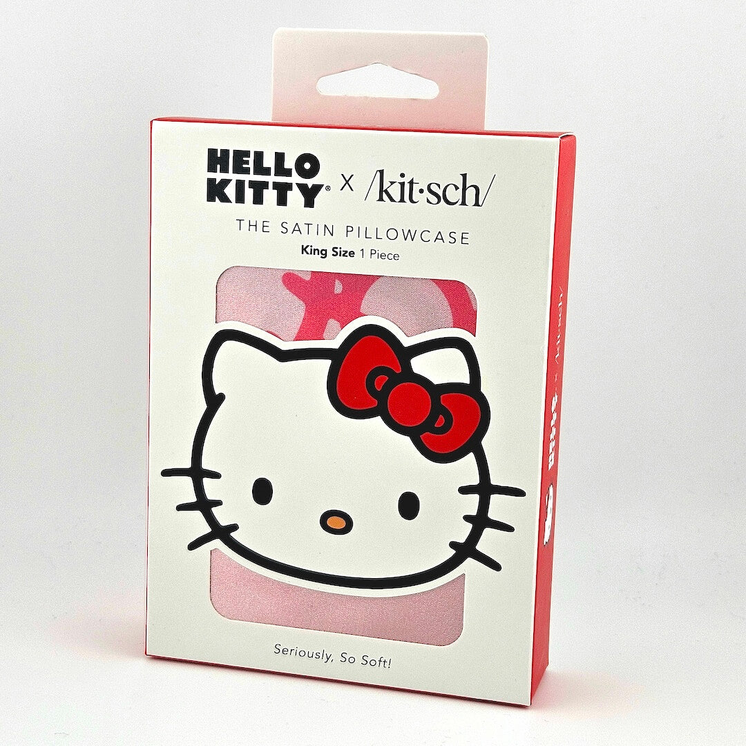 Hello Kitty satin pillowcase packaging on a white background