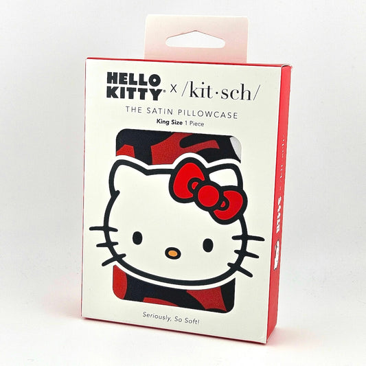 Hello Kitty satin pillowcase packaging against white background. 