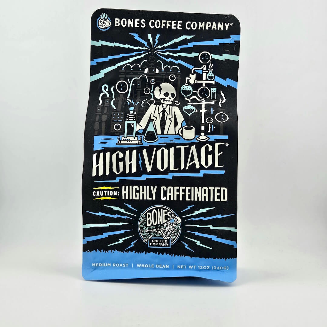 Coffee package from Bones Coffee Company with 'High Voltage' label on a white background
