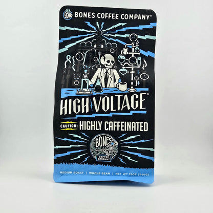 Coffee package from Bones Coffee Company with 'High Voltage' label on a white background