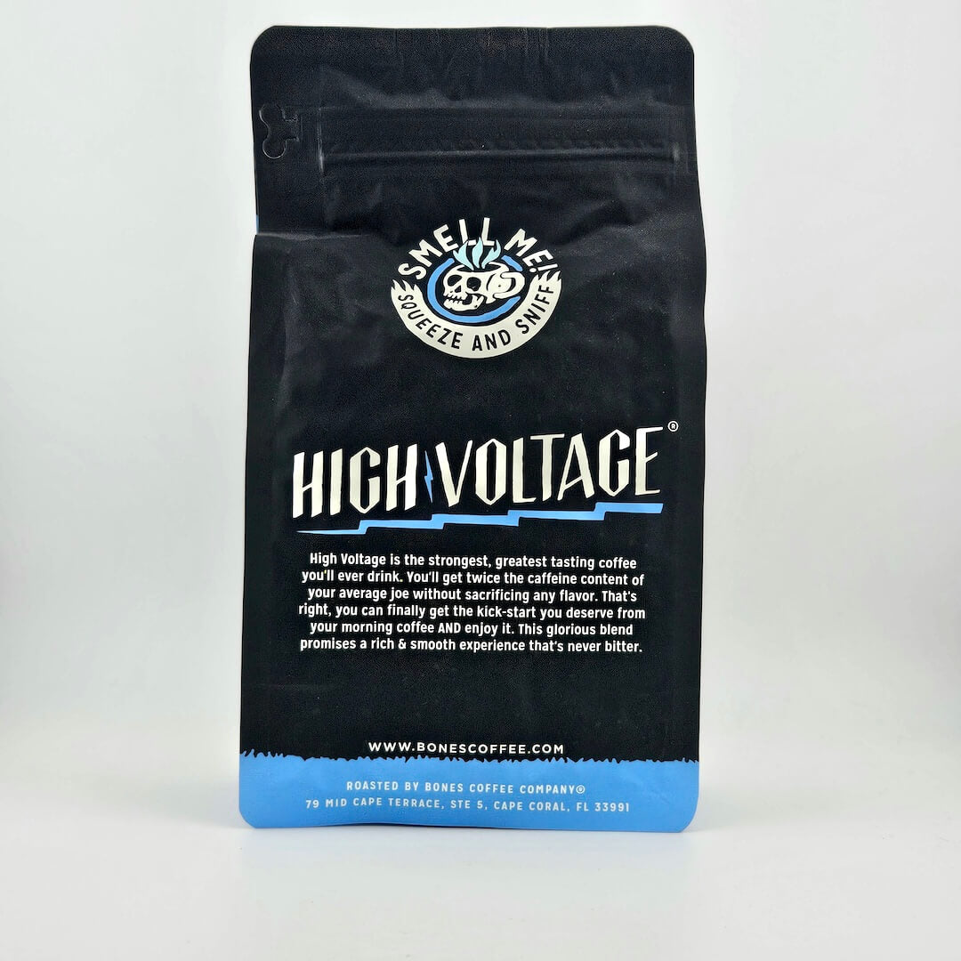 Black coffee bag with "Bones Coffee Company" branding and skeleton illustration. 