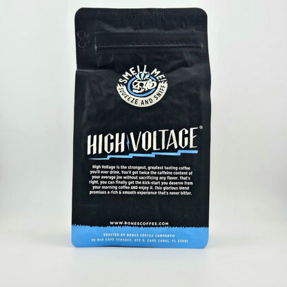 Black coffee bag with "Bones Coffee Company" branding and skeleton illustration. 