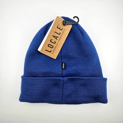 Blue beanie with a 'Locale' tag on a white background