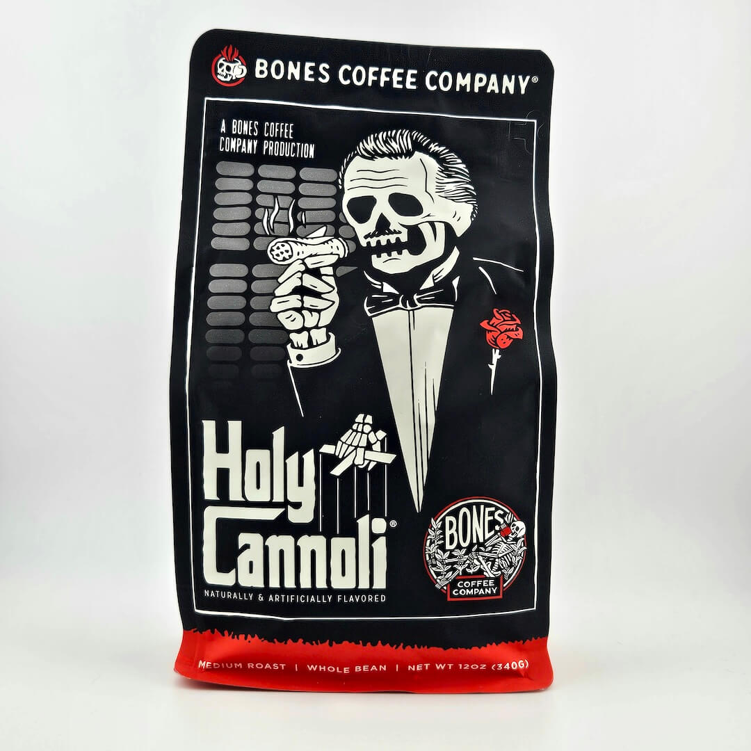 Black coffee bag with "Bones Coffee Company" branding and skeleton illustration. 