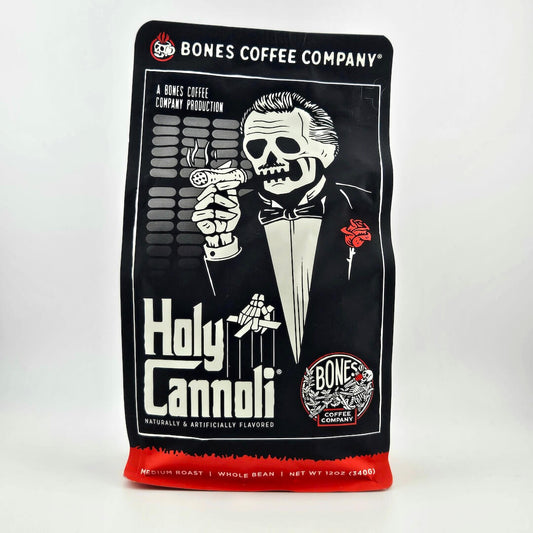Black coffee bag with "Bones Coffee Company" branding and skeleton illustration. 