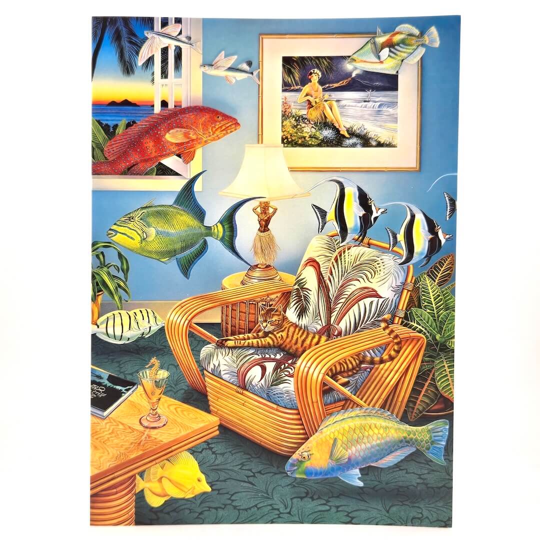 Decorative greeting card of a tropical room with fish, a chair, and framed picture.