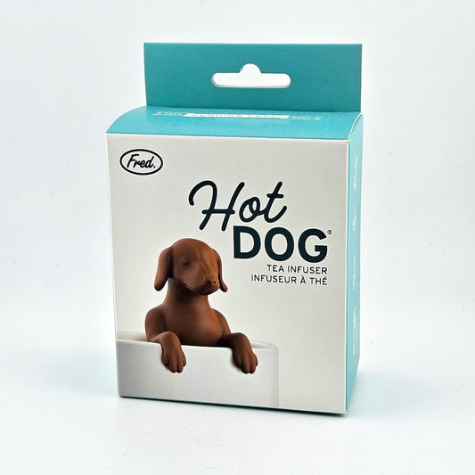 white and blue box for Hot Dog Fred tea infuser against white background.