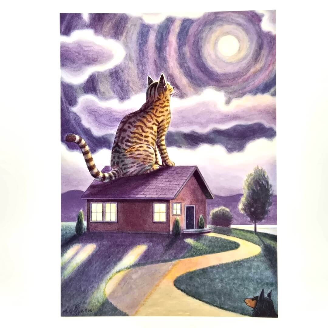 Cat sitting on a house with a starry night sky in the background