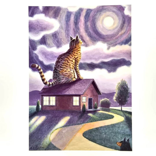 Cat sitting on a house with a starry night sky in the background