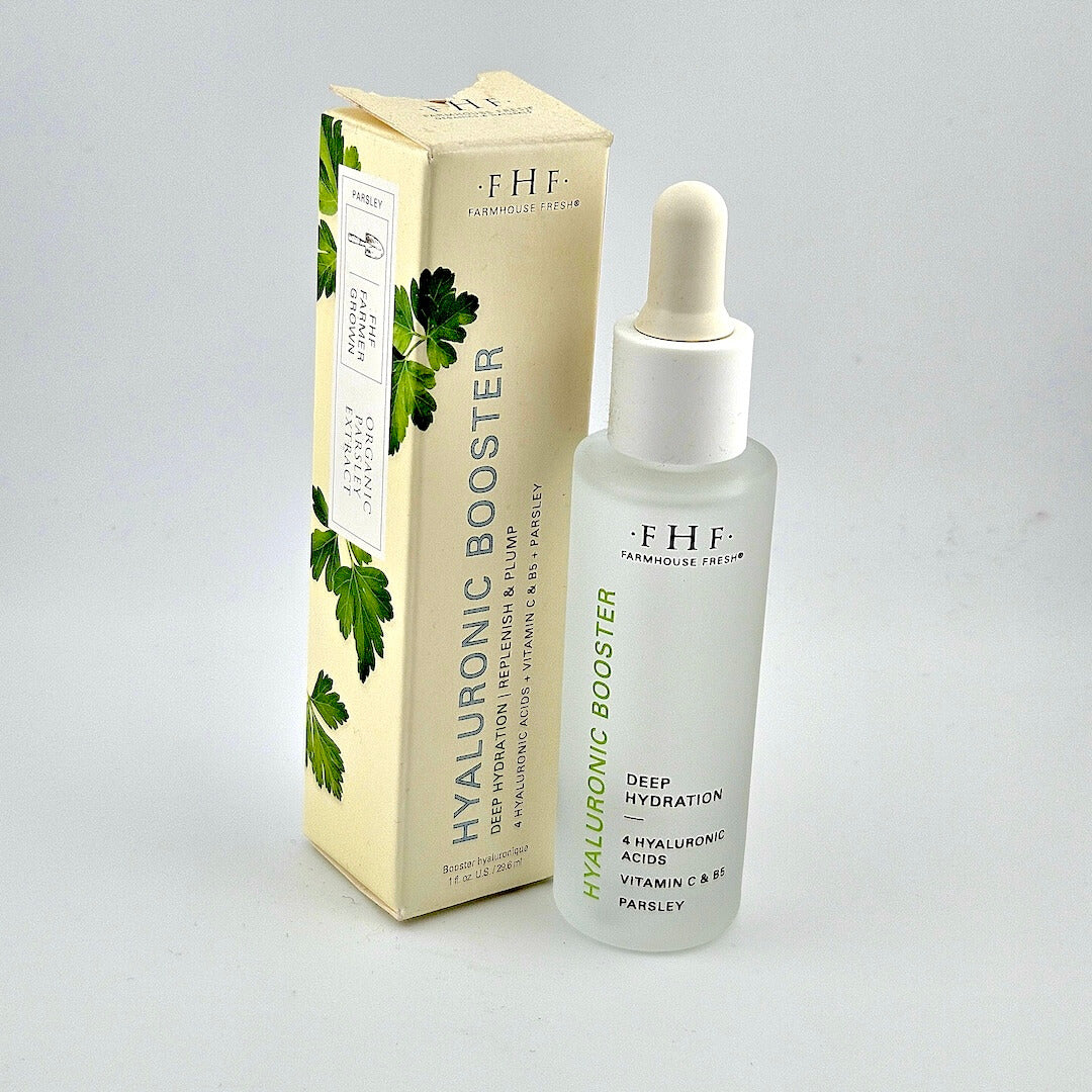 FHF Hyaluronic Booster bottle and packaging on a gray background