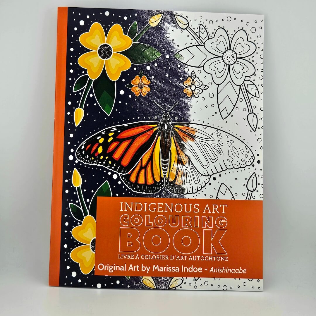 Indigenous Art Colouring Book with butterfly and floral design on a white background