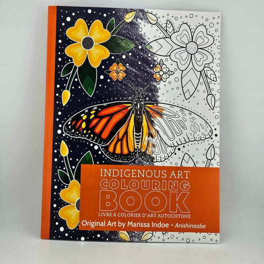 Indigenous Art Colouring Book with butterfly and floral design on a white background