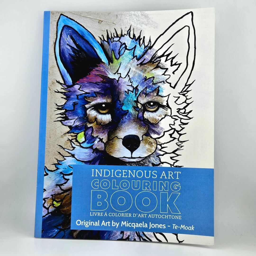 Indigenous Art Colouring Book with a colorful wolf illustration on a white background