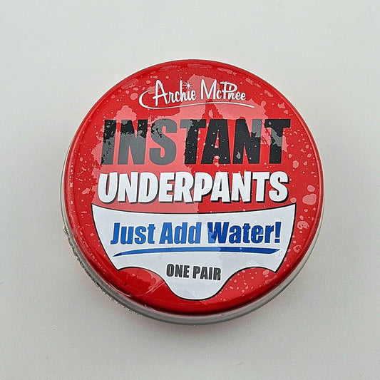Red container labeled 'Instant Underpants' with Archie McPhee branding on a white background