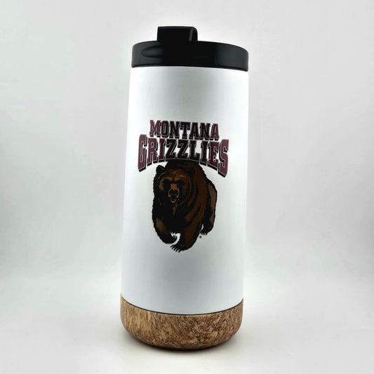 White tumbler with cork base and black lid featuring 'Montana Grizzlies' design on a white background