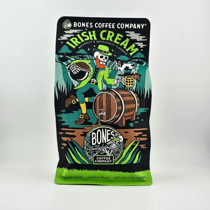 Coffee package from Bones Coffee Company with a skeleton character and 'Irish Cream' flavor text.