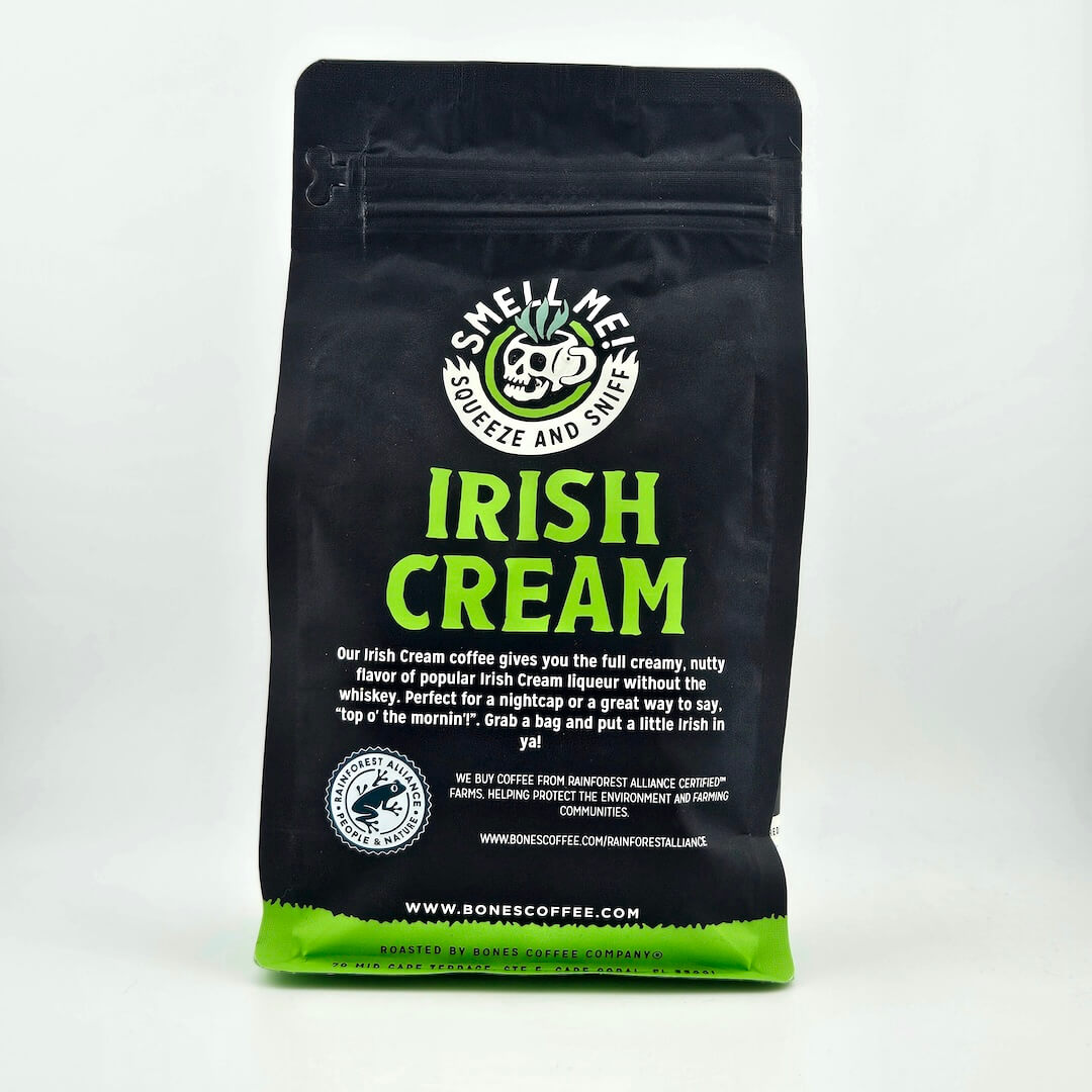 Black coffee bag with "Irish Cream" theming. 