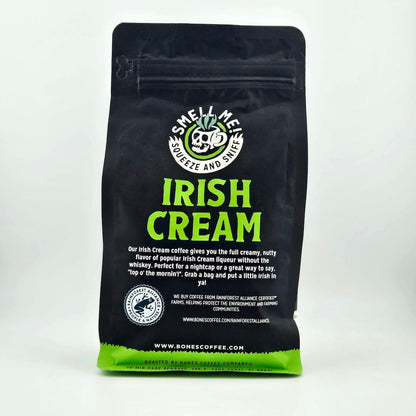 Black coffee bag with "Irish Cream" theming. 