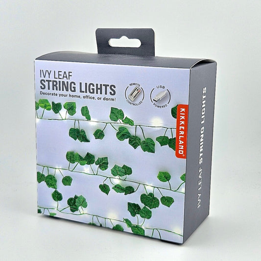 Box for ivy leaf string lights with red branding against white background.