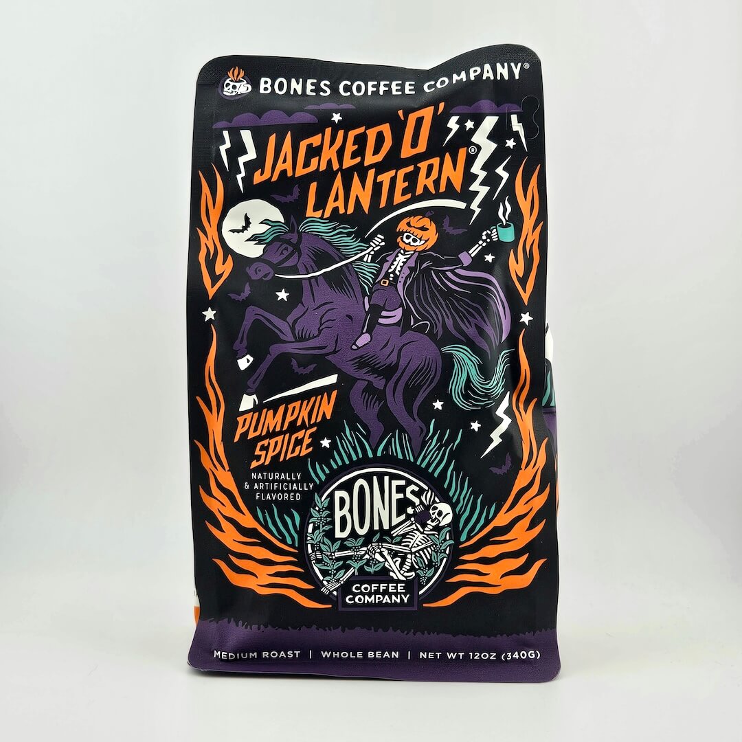 Bones Coffee Company Jacked 'O' Lantern Pumpkin Spice coffee package on a white background